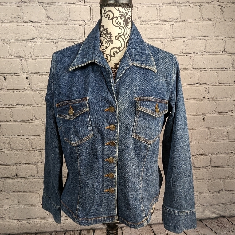 Willi Smith women's button front blue jean stretch jacket size xl pockets BBIN